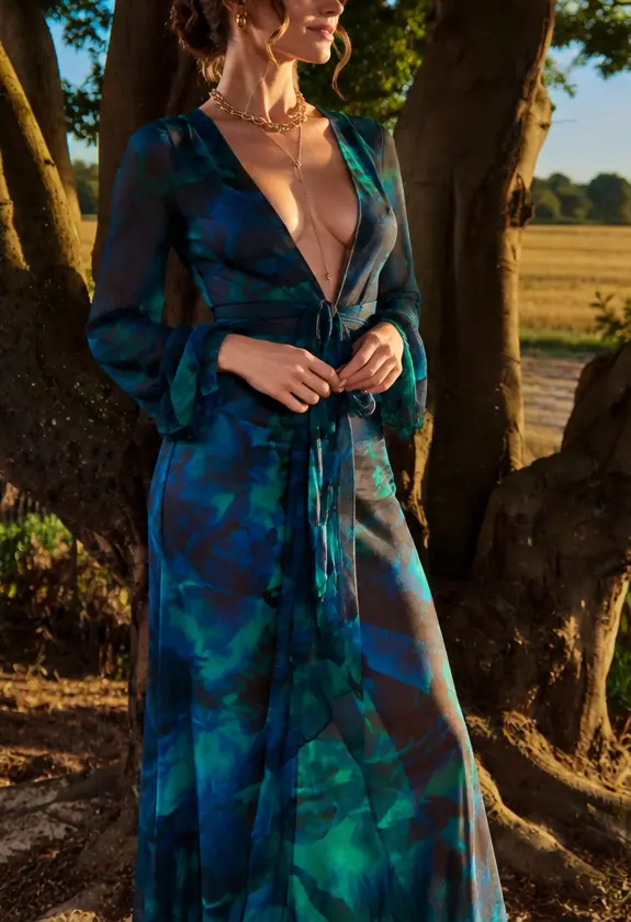 Escort Sint-Martens-Latem: elegant escort in a blue-green print gown beside a tree at sunset