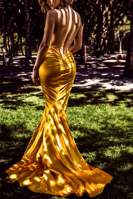 Escort agency Turin: elegant escort in a golden backless satin gown among sunlit trees